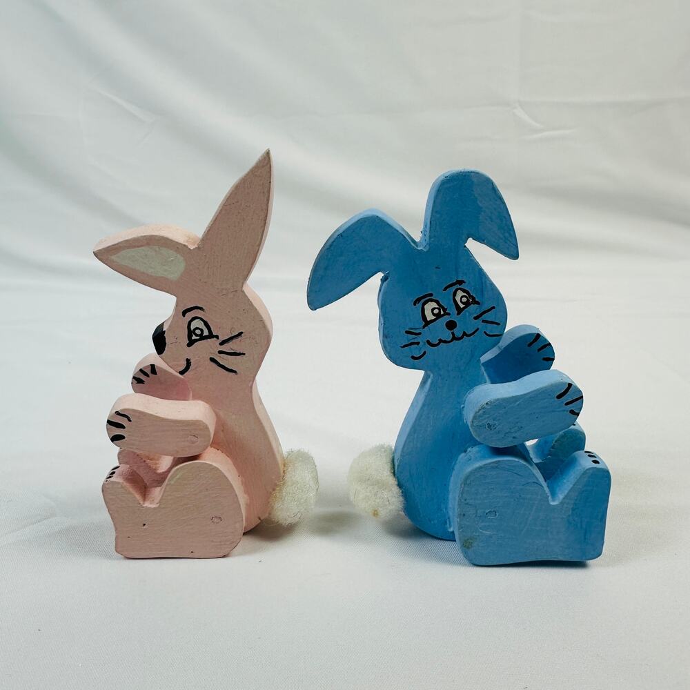 Vintage Handmade Set of 2 Wooden Pink & Blue Spring Bunny Rabbits